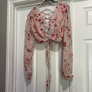 Lulu's Pink Cropped Tie Back Long Sleeve Blouse